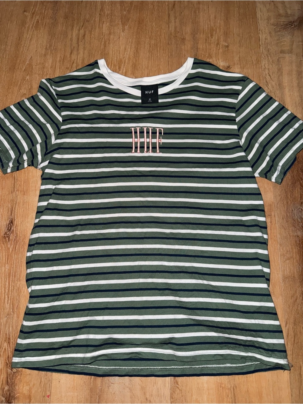 HUF Olive Green & White Striped Logo Tee